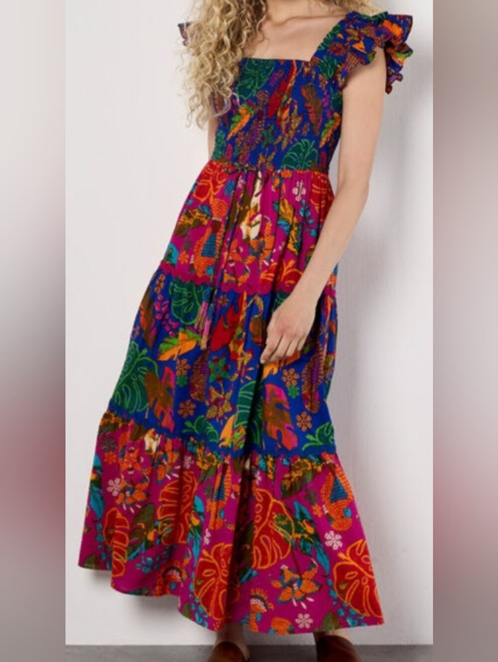 Truth NYC Multicolor Floral Tiered Maxi Dress in Blue, Pink, Green & Orange
